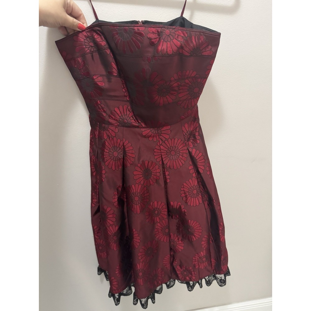 Kay Unger Red Black Floral Strapless Dress‎ Lace Trim Whimsigoth Hoco Y2K